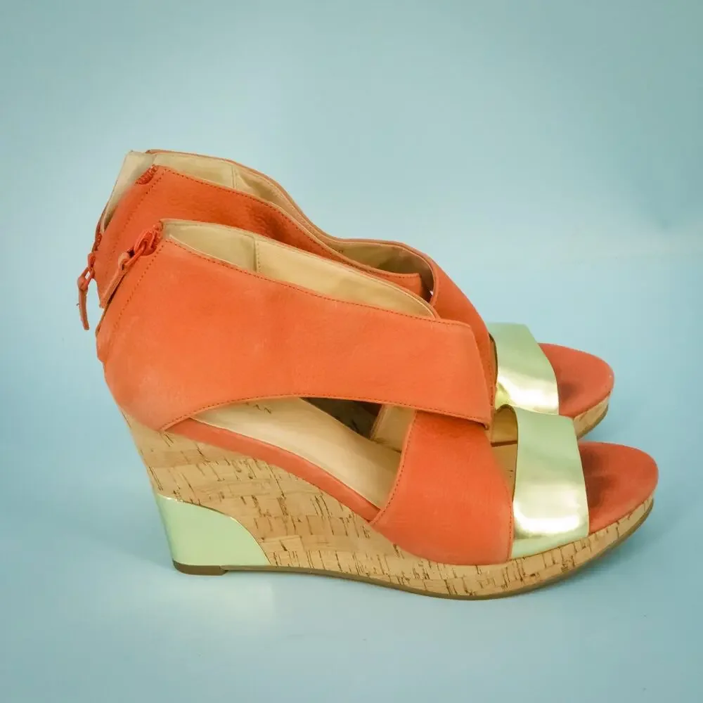 Cole Haan Size 8.5 Orange Gold Metallic Leather Back Zip Cork Wedge Heel Sandals